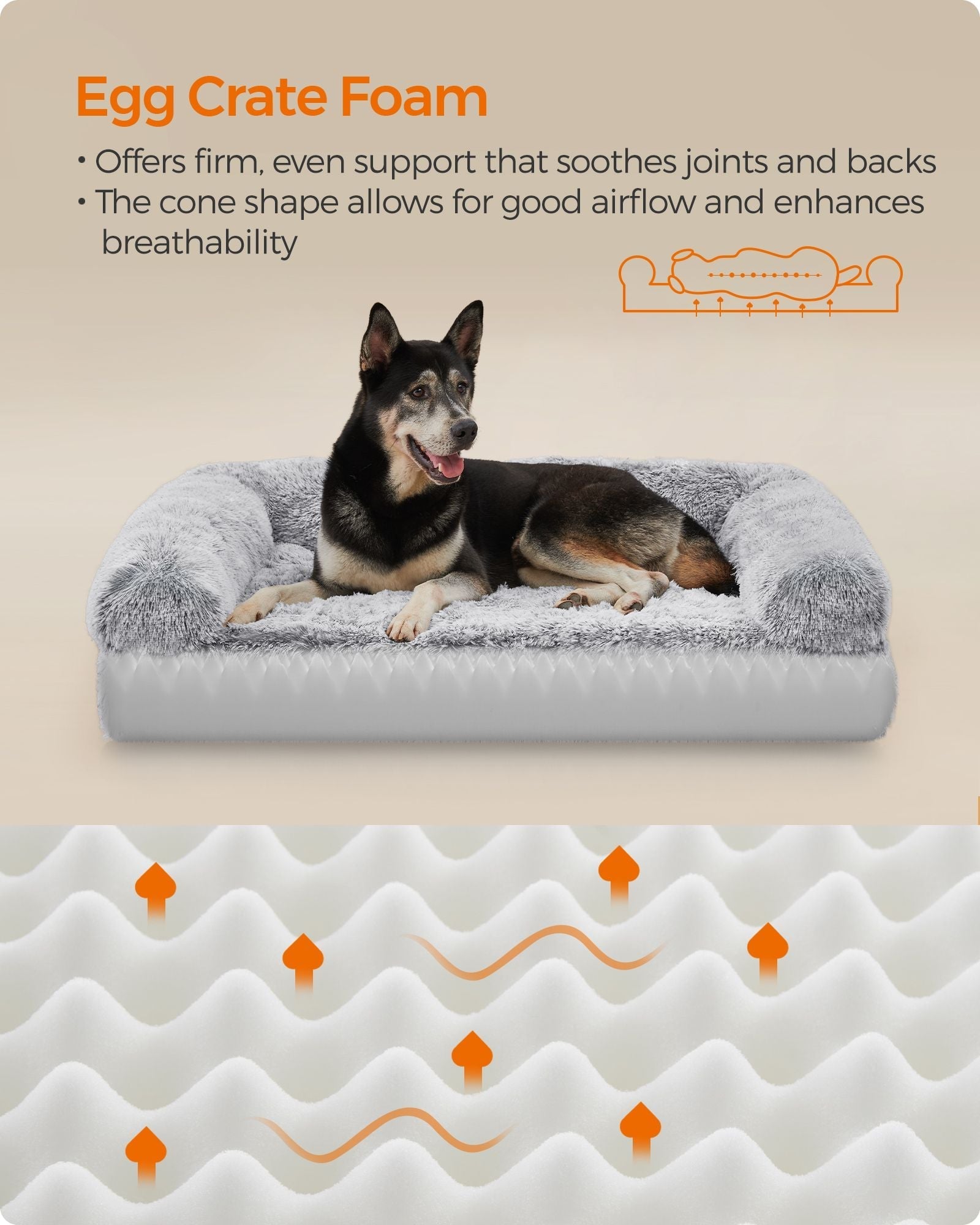 Dog Bed - Egg Crate Foam - Soft Grey - Removable Washable Cover
