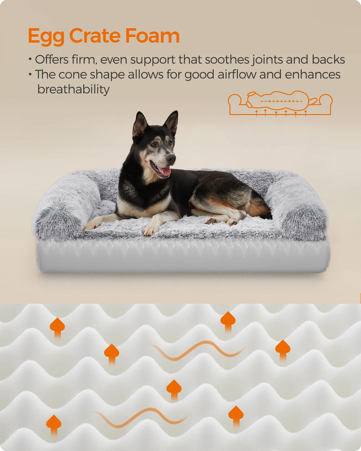 Dog Bed - Egg Crate Foam - Soft Grey - Removable Washable Cover
