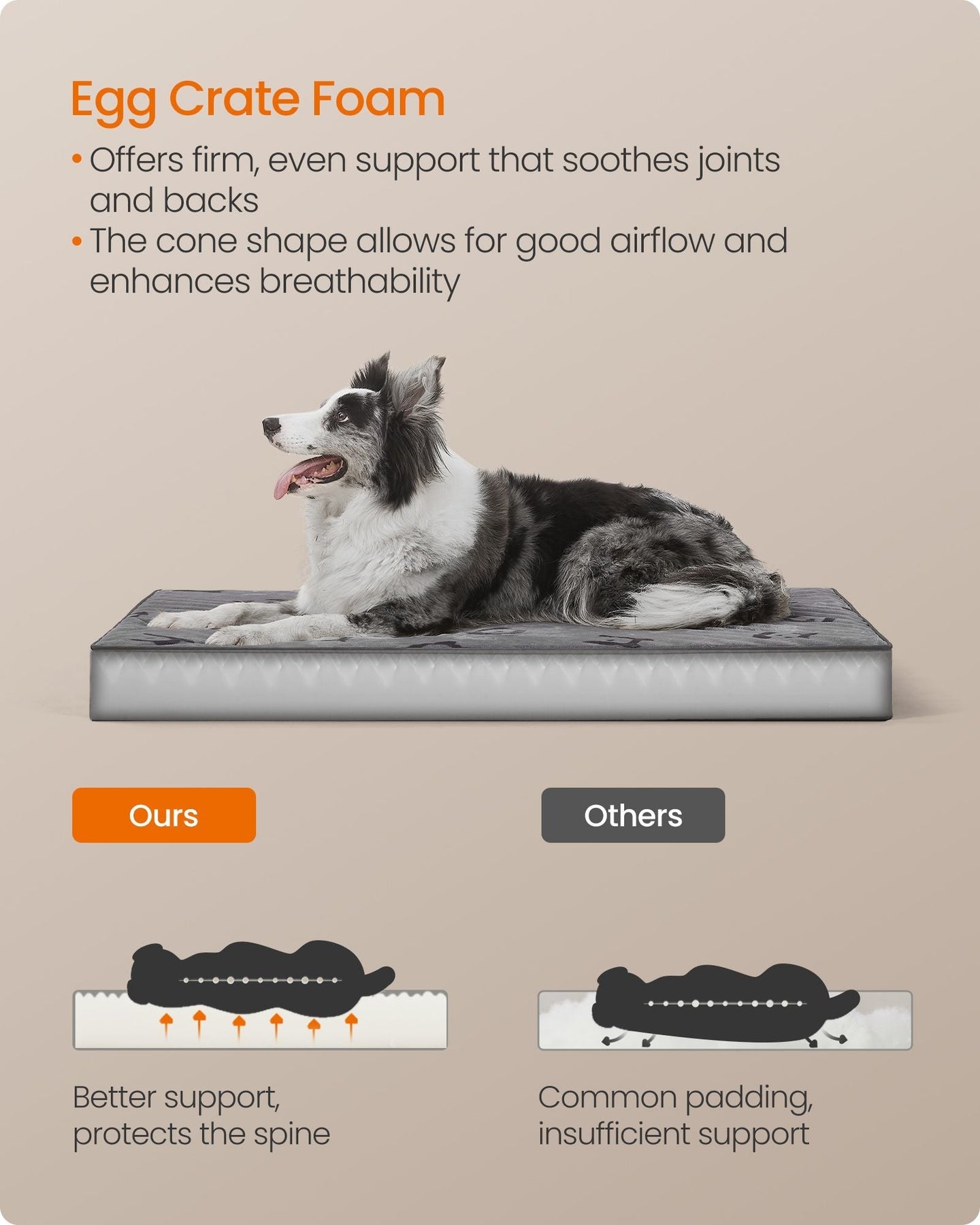 Orthopedic Dog Bed - Egg Crate Foam - Dove Grey - Waterproof Removable Cover