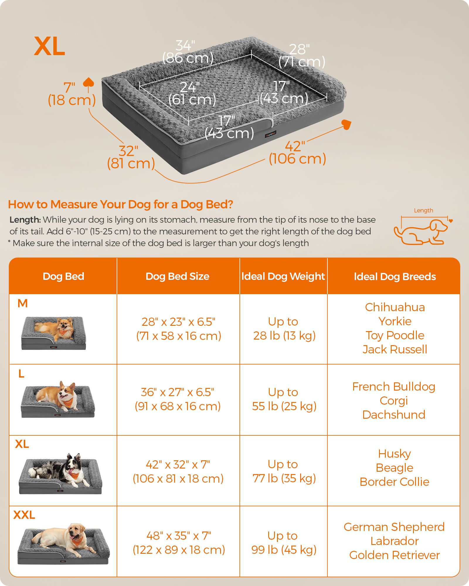 Orthopedic Dog Bed - Memory Foam - Slate Grey - Removable Washable Cover