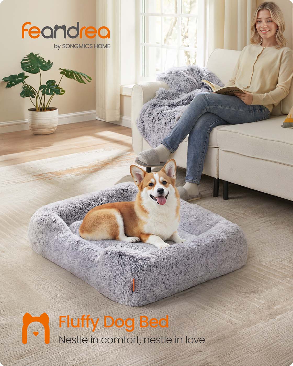 Dog Bed - Fabric - Grey Ombré - Soft Padding with Raised Edges and Removable Cover