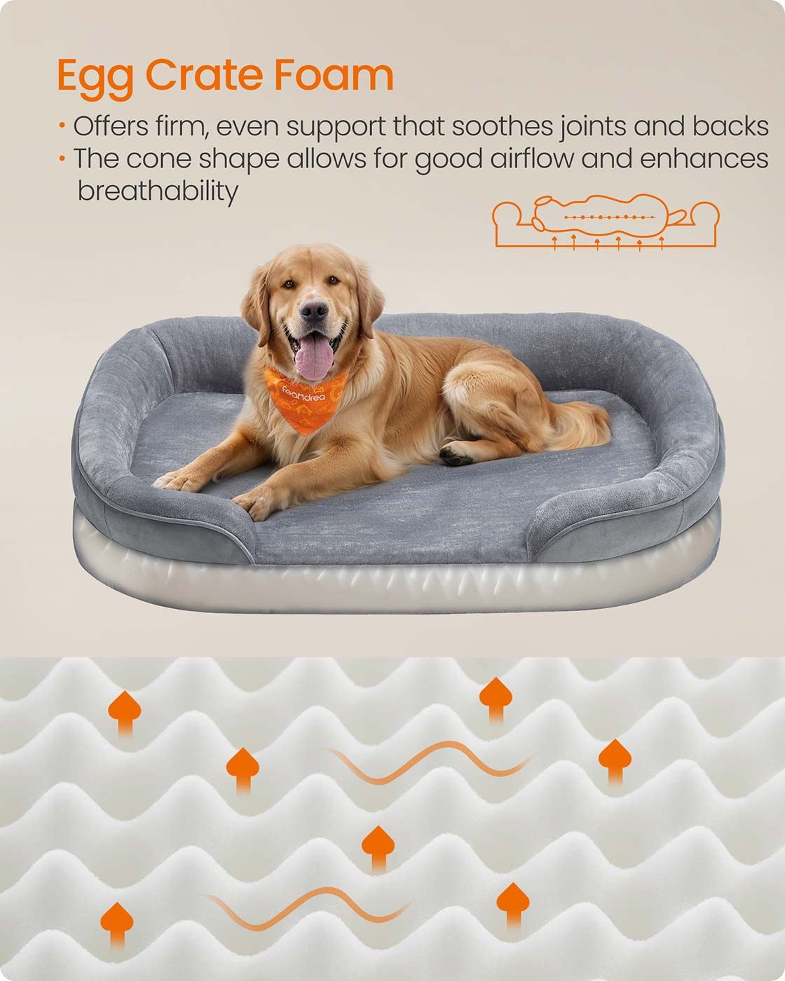 Orthopaedic Dog Sofa - Egg Crate Foam - Light Grey - Waterproof