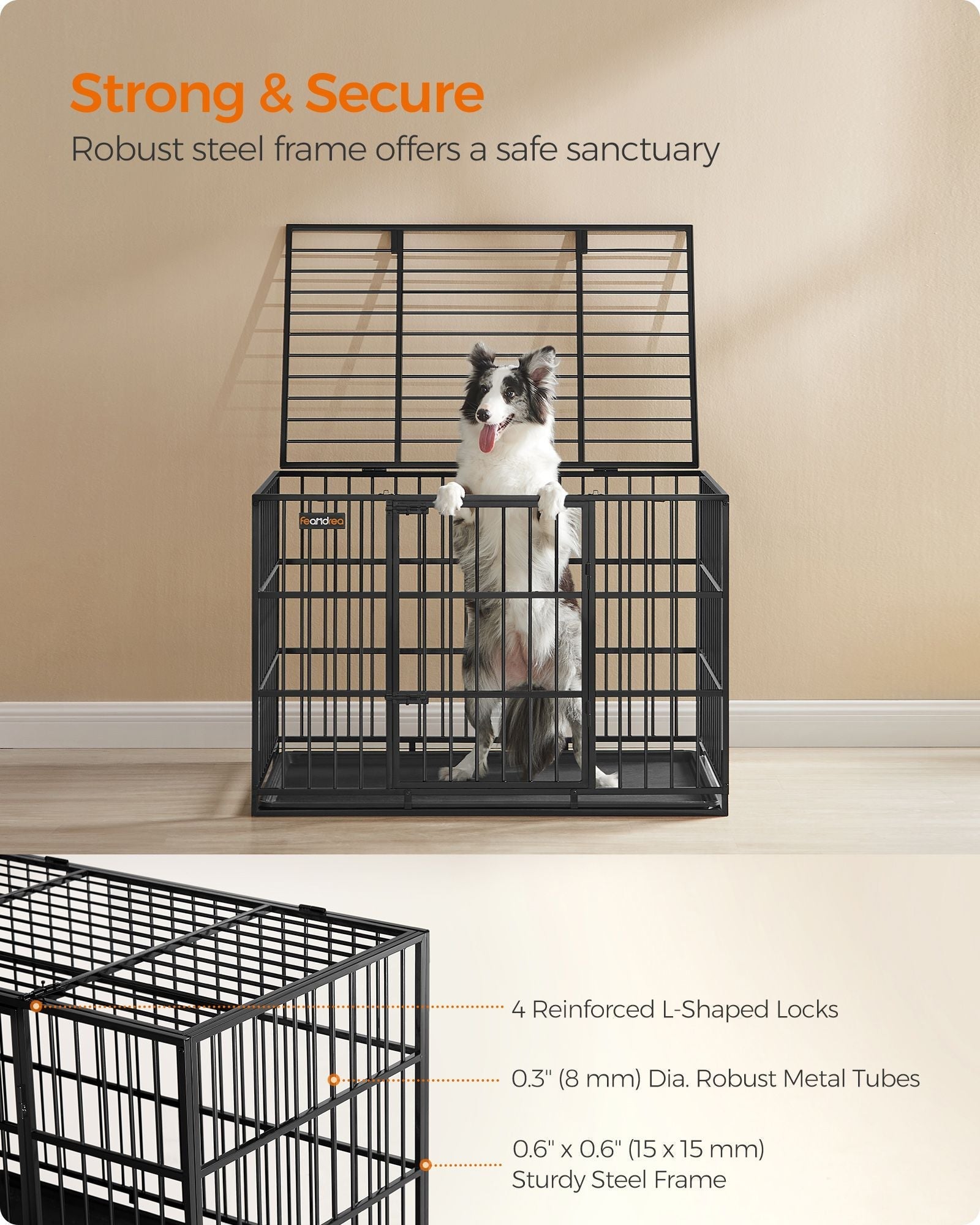 Heavy-Duty Dog Crate - Metal - Ink Black - Removable Top Door and Tray