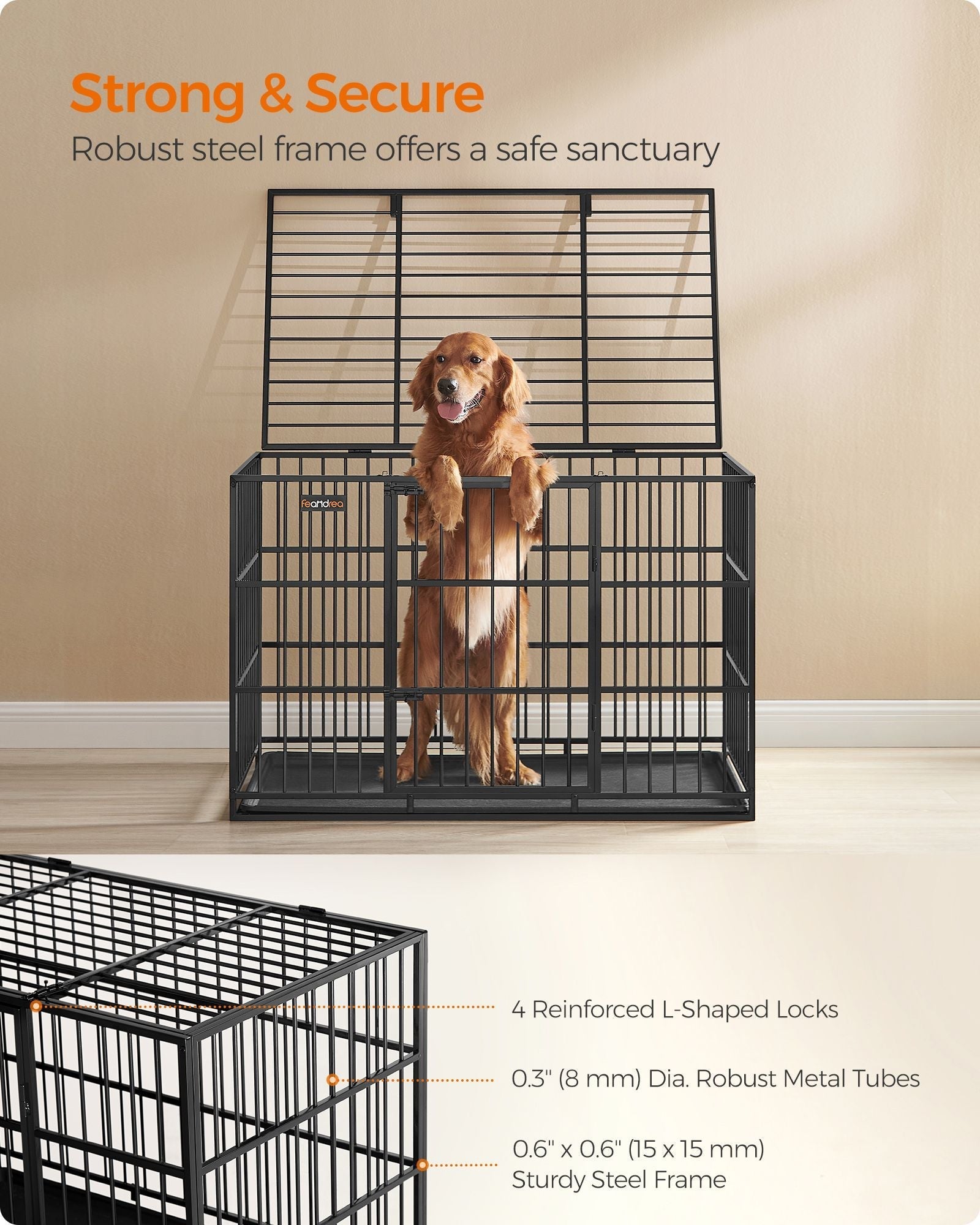 Heavy-Duty Dog Crate - Steel - Ink Black - Removable Top Door and Tray
