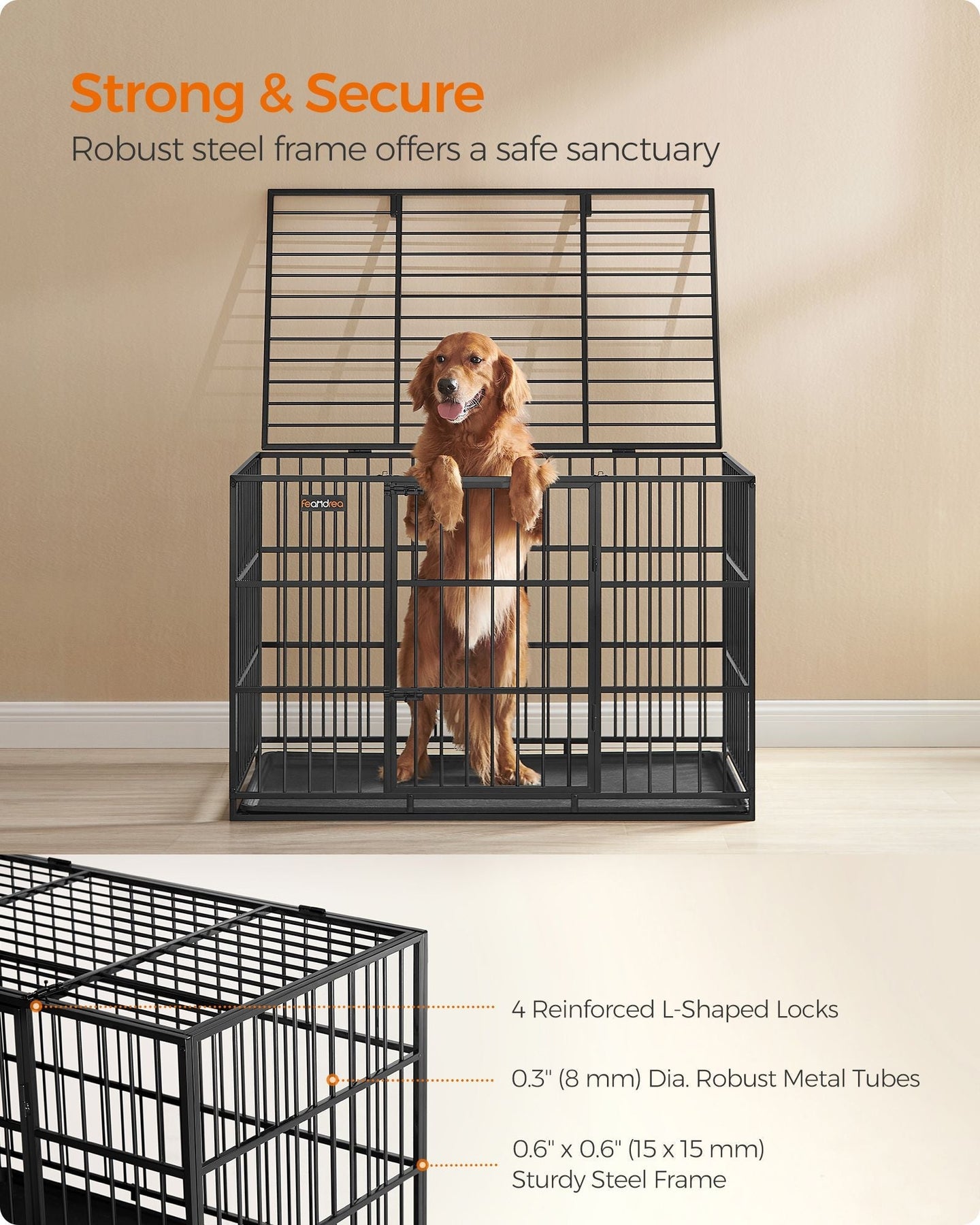 Heavy-Duty Dog Crate - Steel - Ink Black - Removable Top Door and Tray