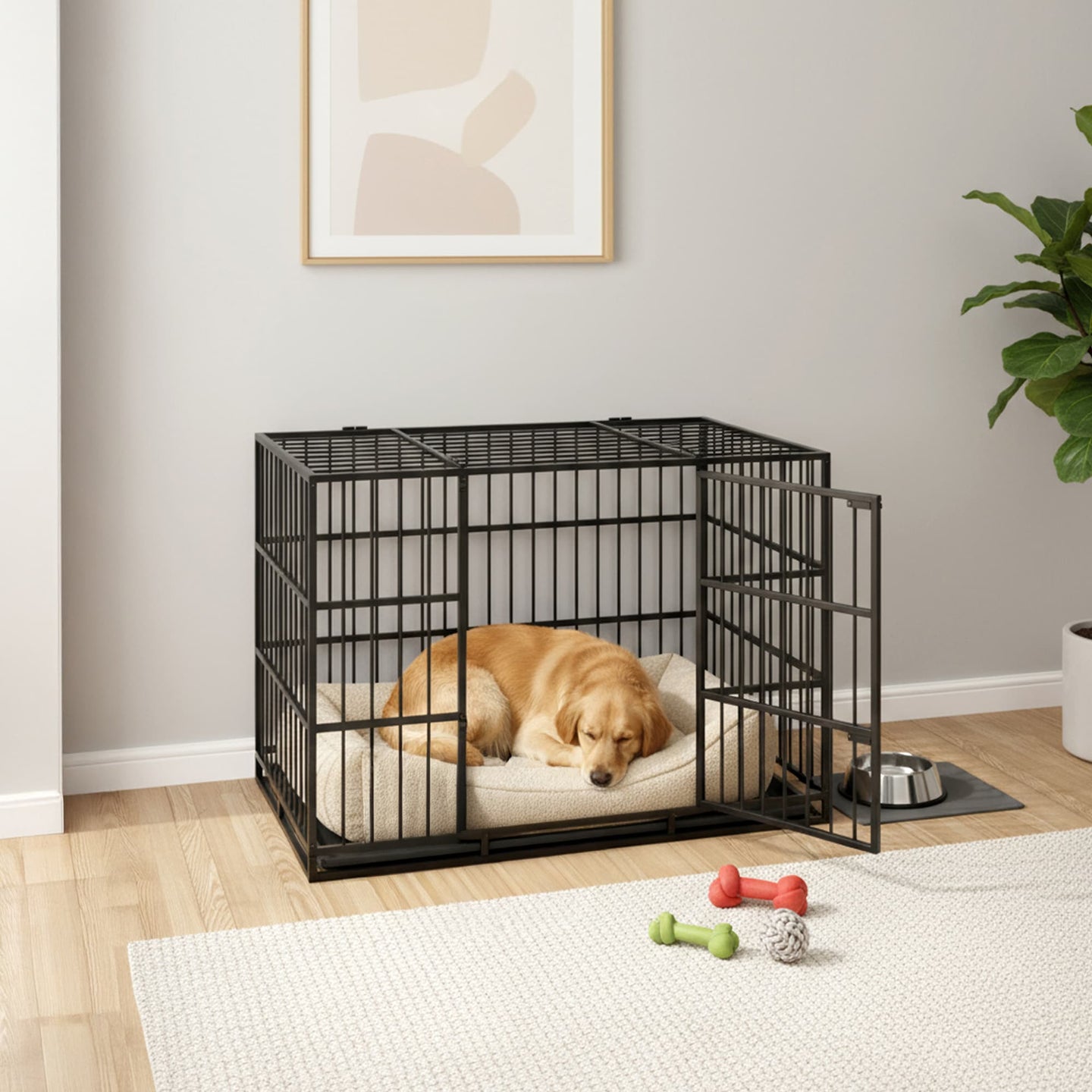 Dog Kennel - Heavy-Duty Metal - Black - Detachable Top with Double Doors