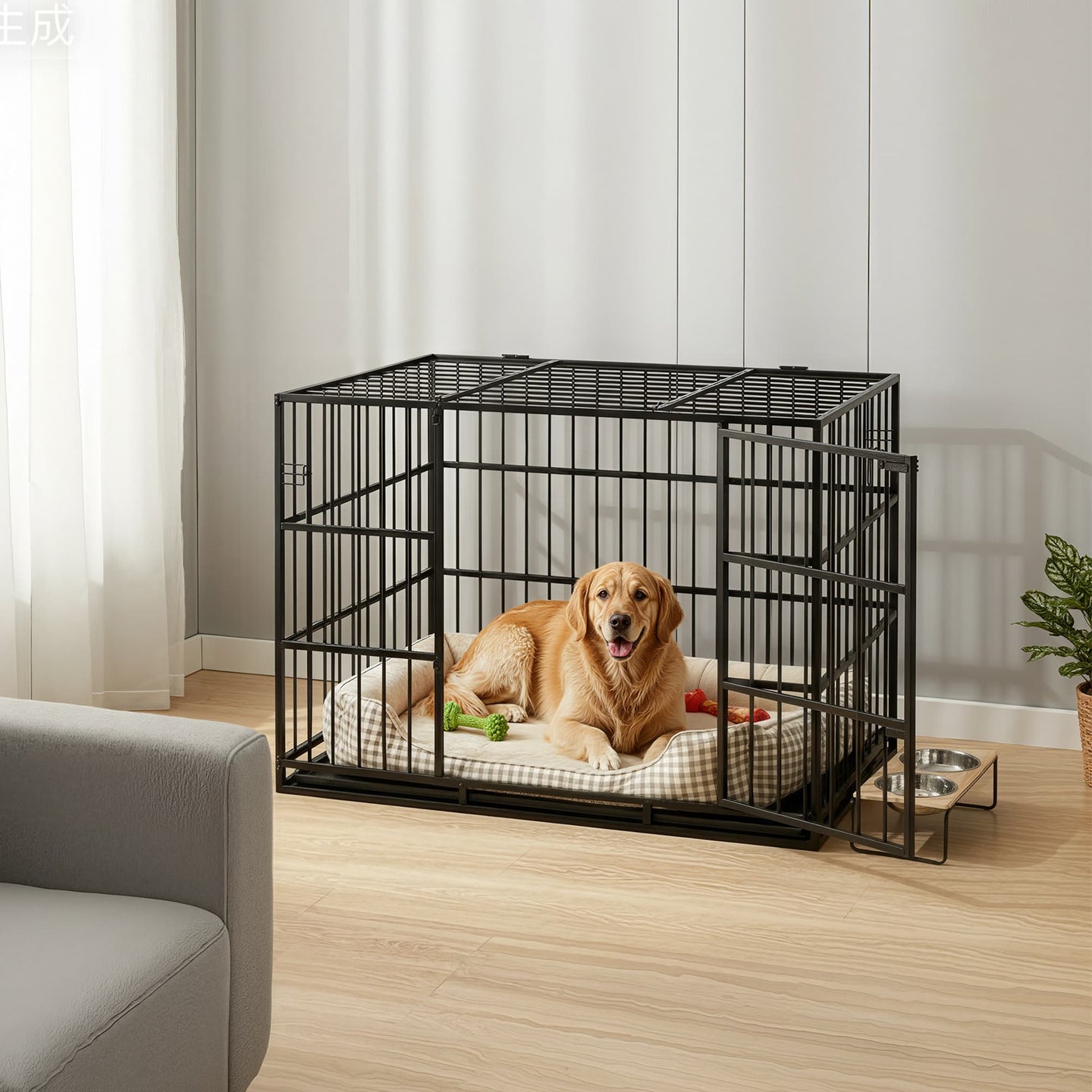 Dog Kennel - Heavy-Duty Metal - Black - Detachable Top with Double Doors