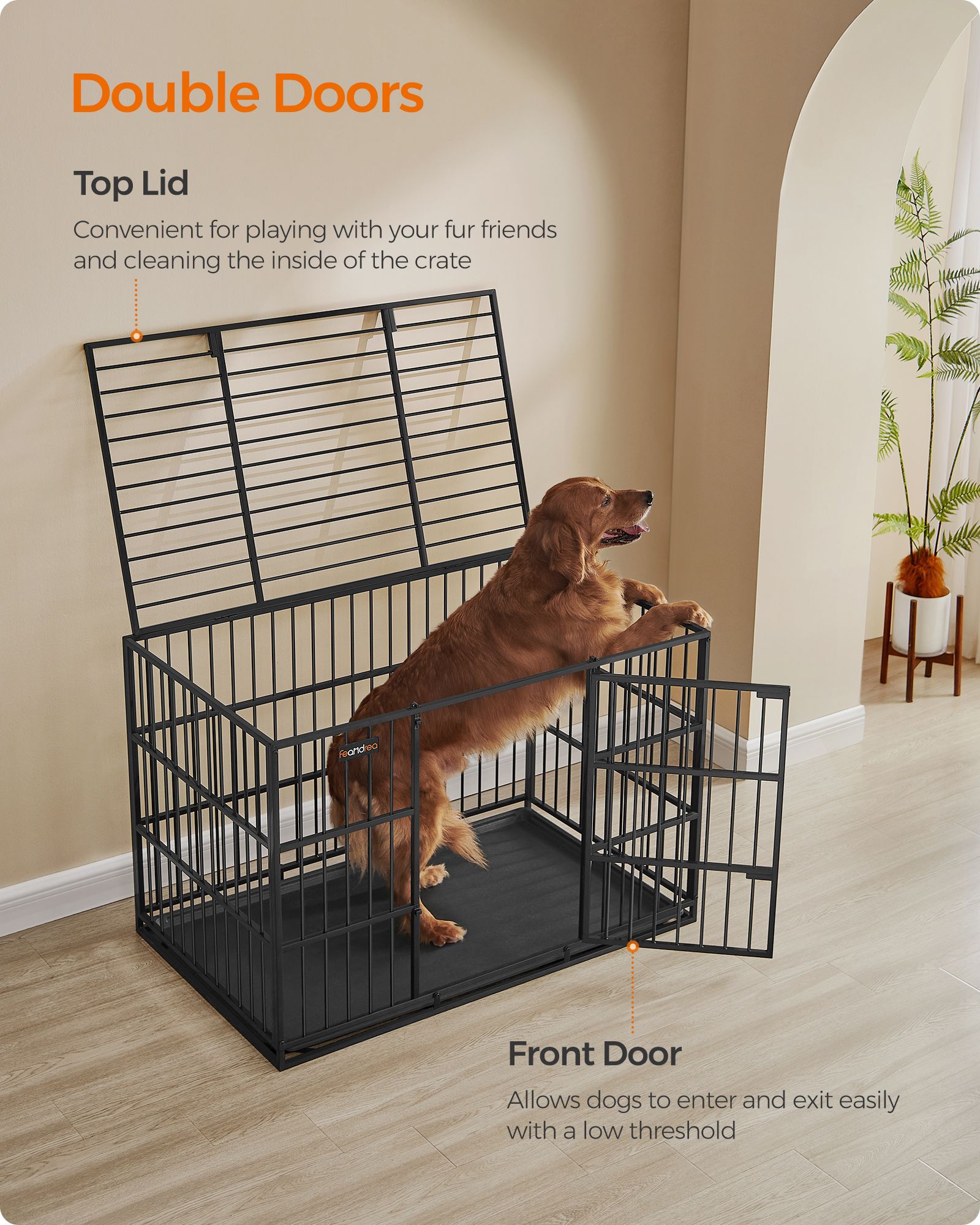Heavy-Duty Dog Crate - Steel - Ink Black - Removable Top Door and Tray