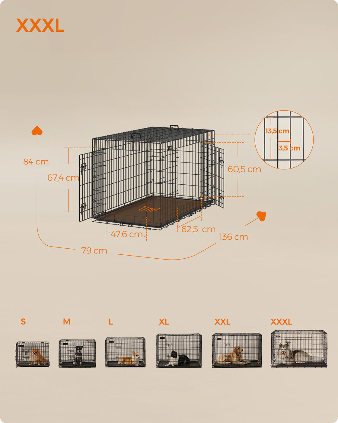 Dog Cage - Metal - Black - Folding Design with Two Doors and Removable Tray