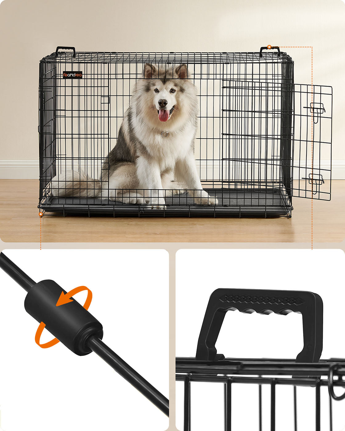 Dog Cage - Metal - Black - Folding Design with Two Doors and Removable Tray