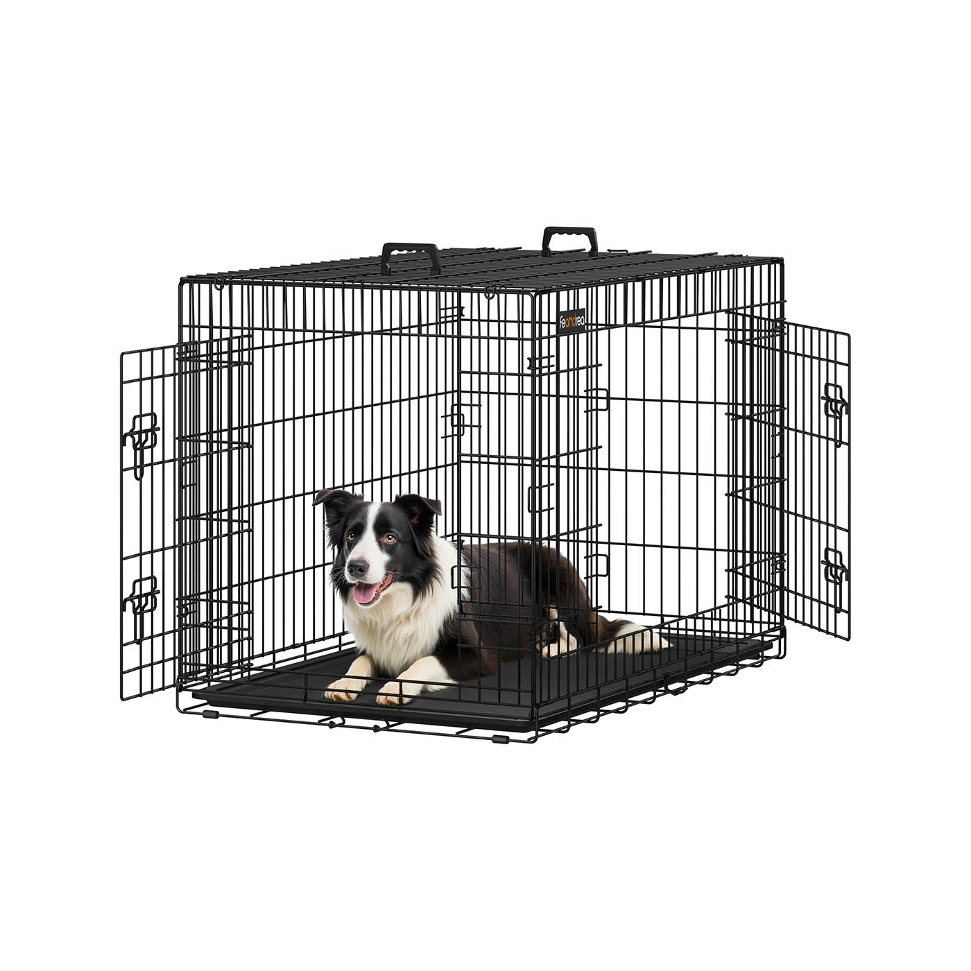Folding Dog Crate - Metal - Black - Double Door with Tray