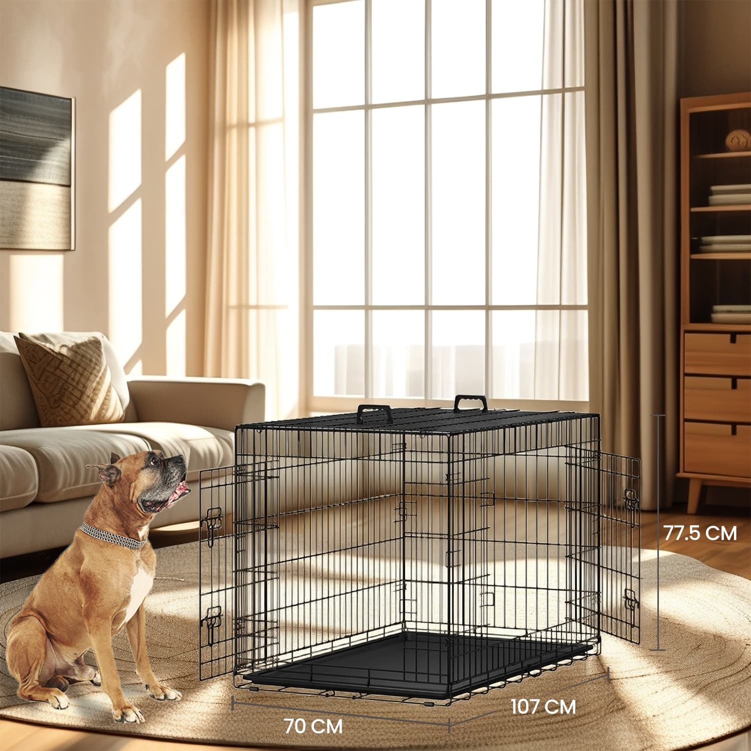 Foldable Dog Crate - Metal - Black - Extra Large with Removable Tray