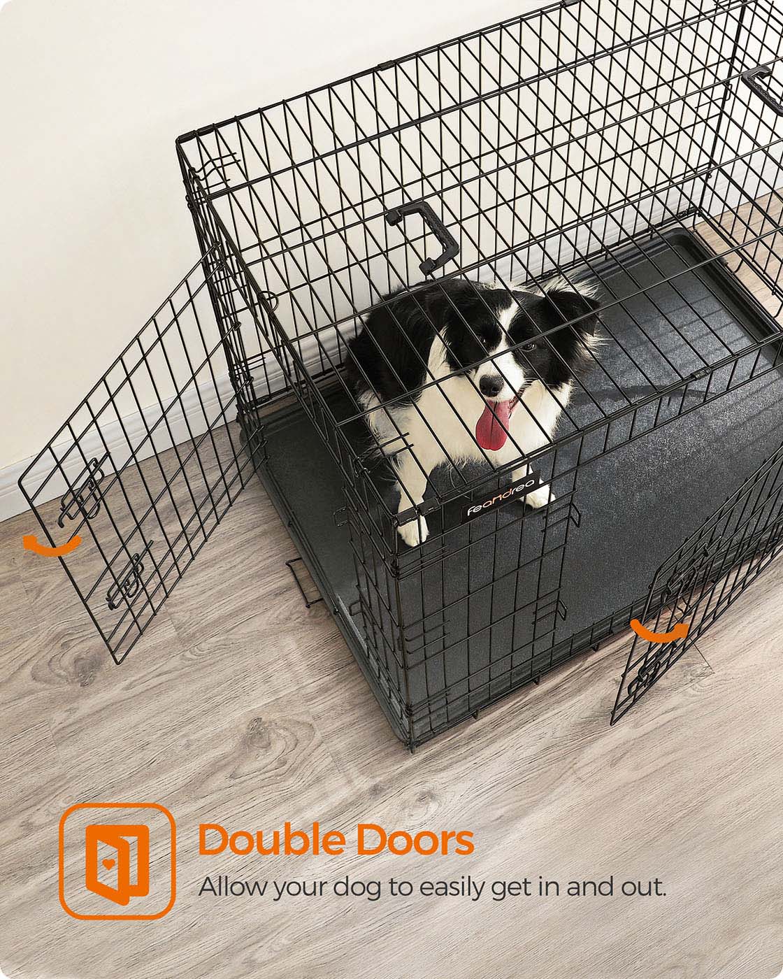 Folding Dog Crate - Metal - Black - Double Door with Tray