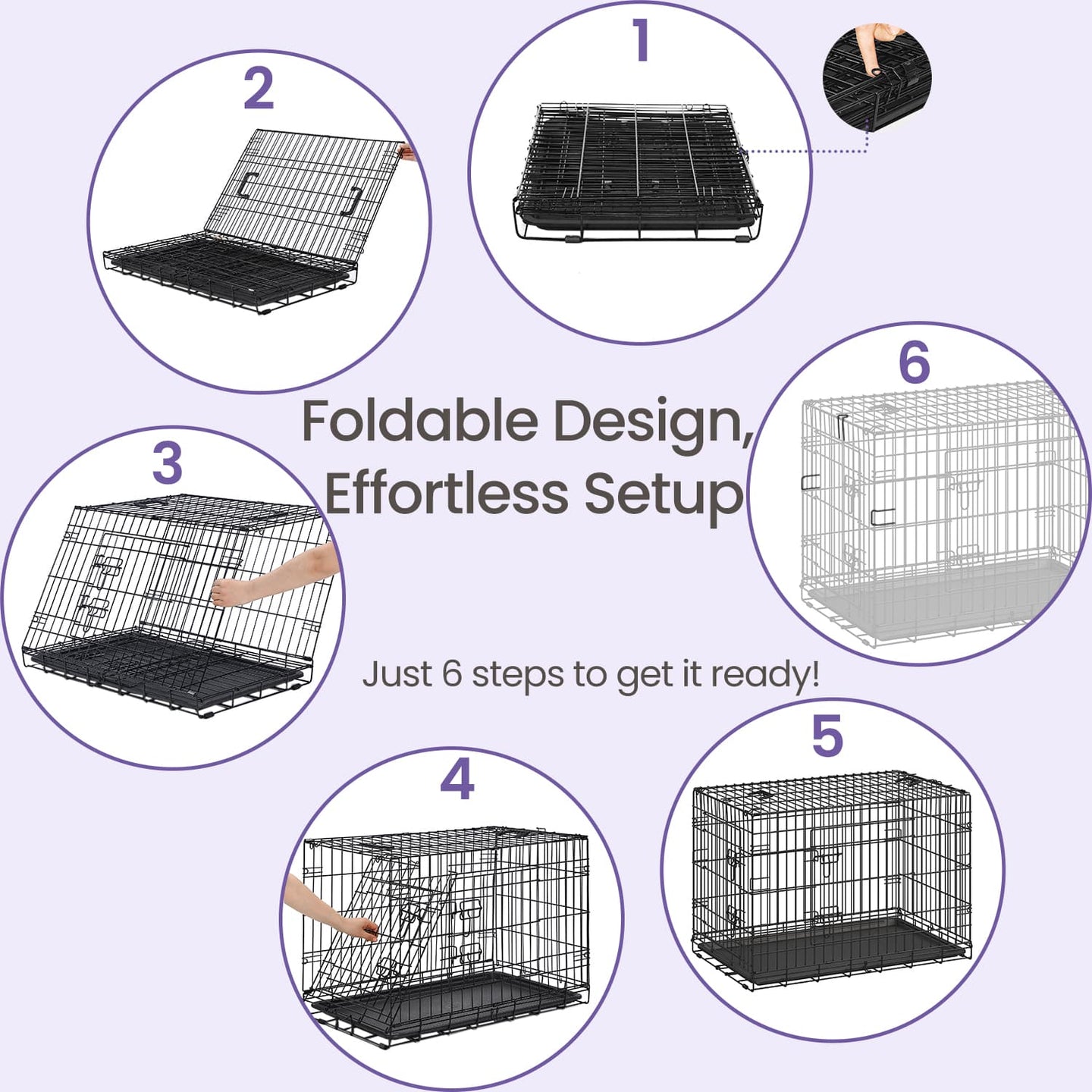 Foldable Dog Crate - Metal - Black - Extra Large with Removable Tray