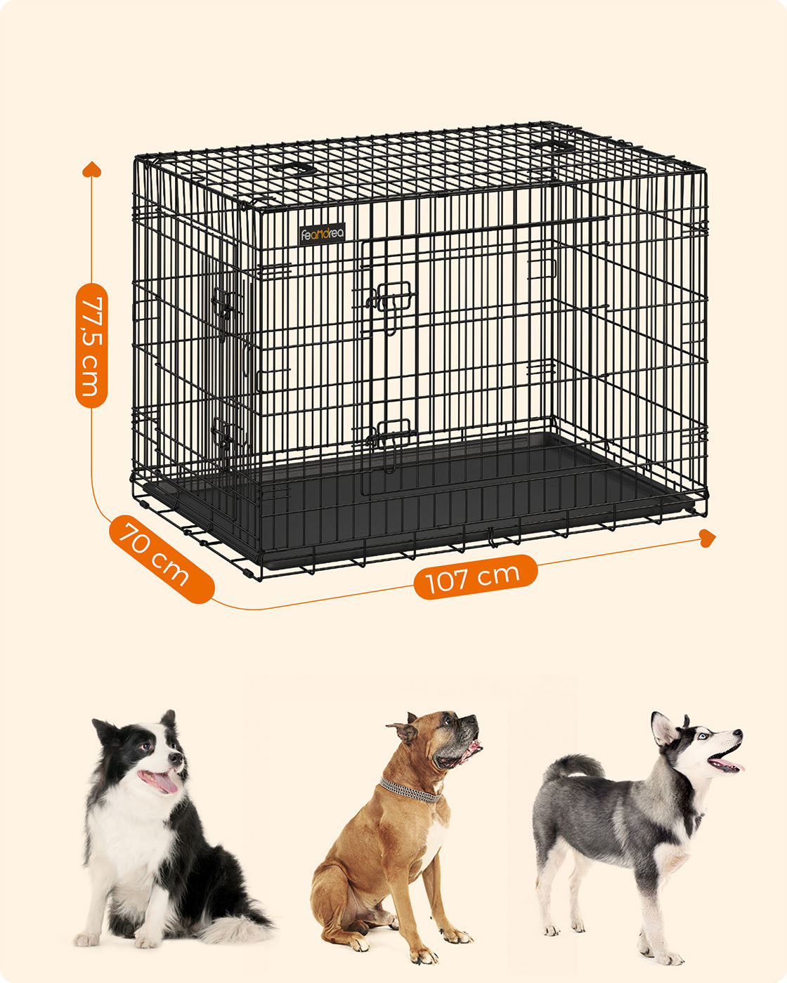 Folding Dog Crate - Metal - Black - Double Door with Tray