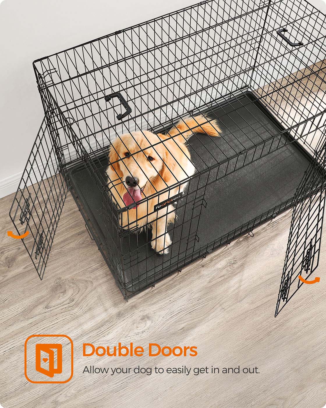 Folding Metal Dog Crate - Steel - Black - Double Door with Removable Tray