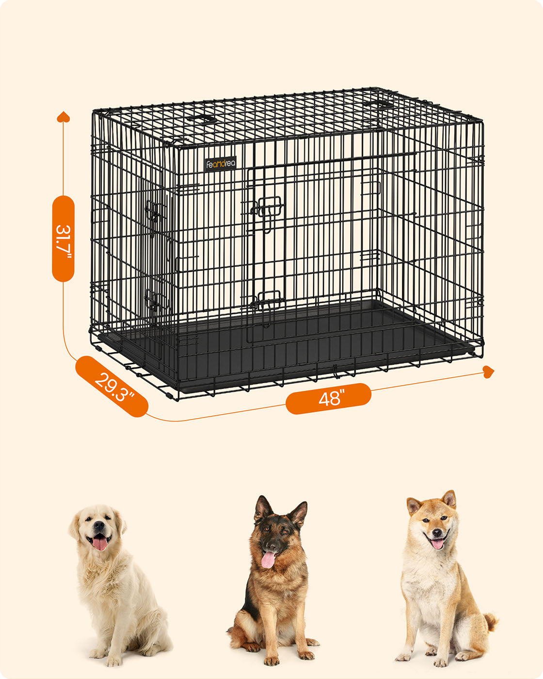 Folding Metal Dog Crate - Steel - Black - Double Door with Removable Tray