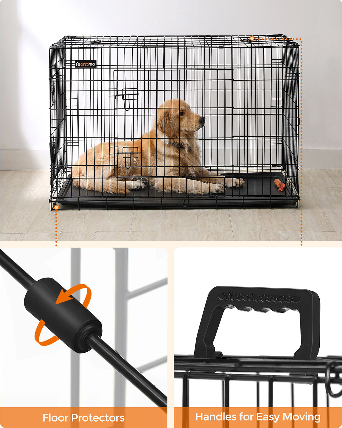 Folding Metal Dog Crate - Steel - Black - Double Door with Removable Tray