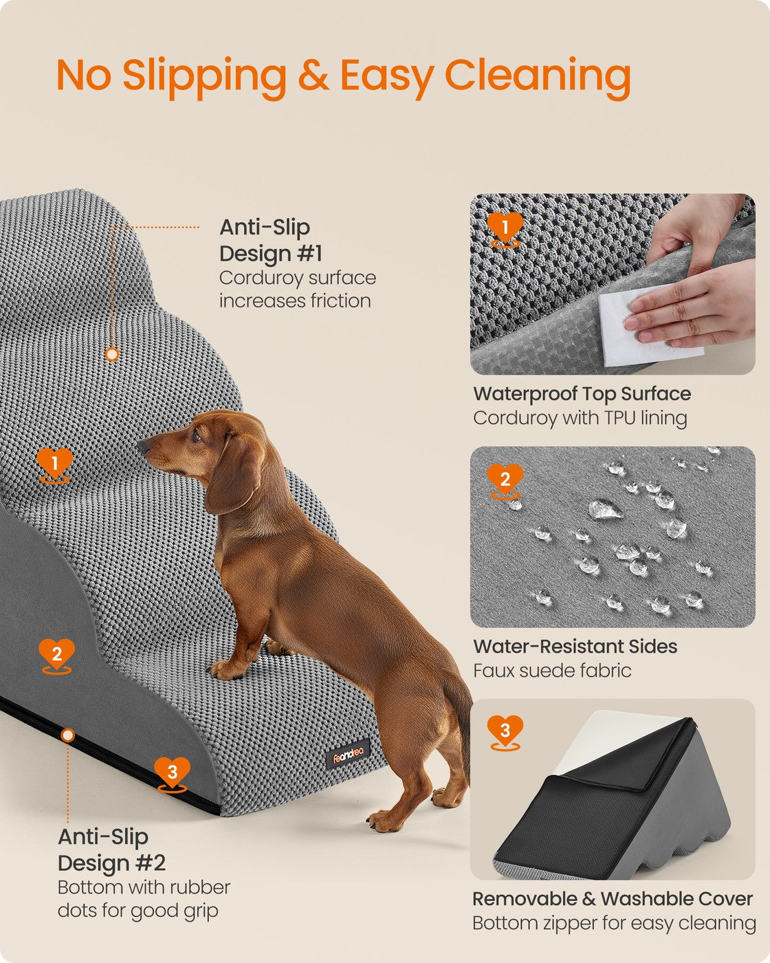 4-Step Dog Stairs - 30L - Faux Suede Fabric - Waterproof