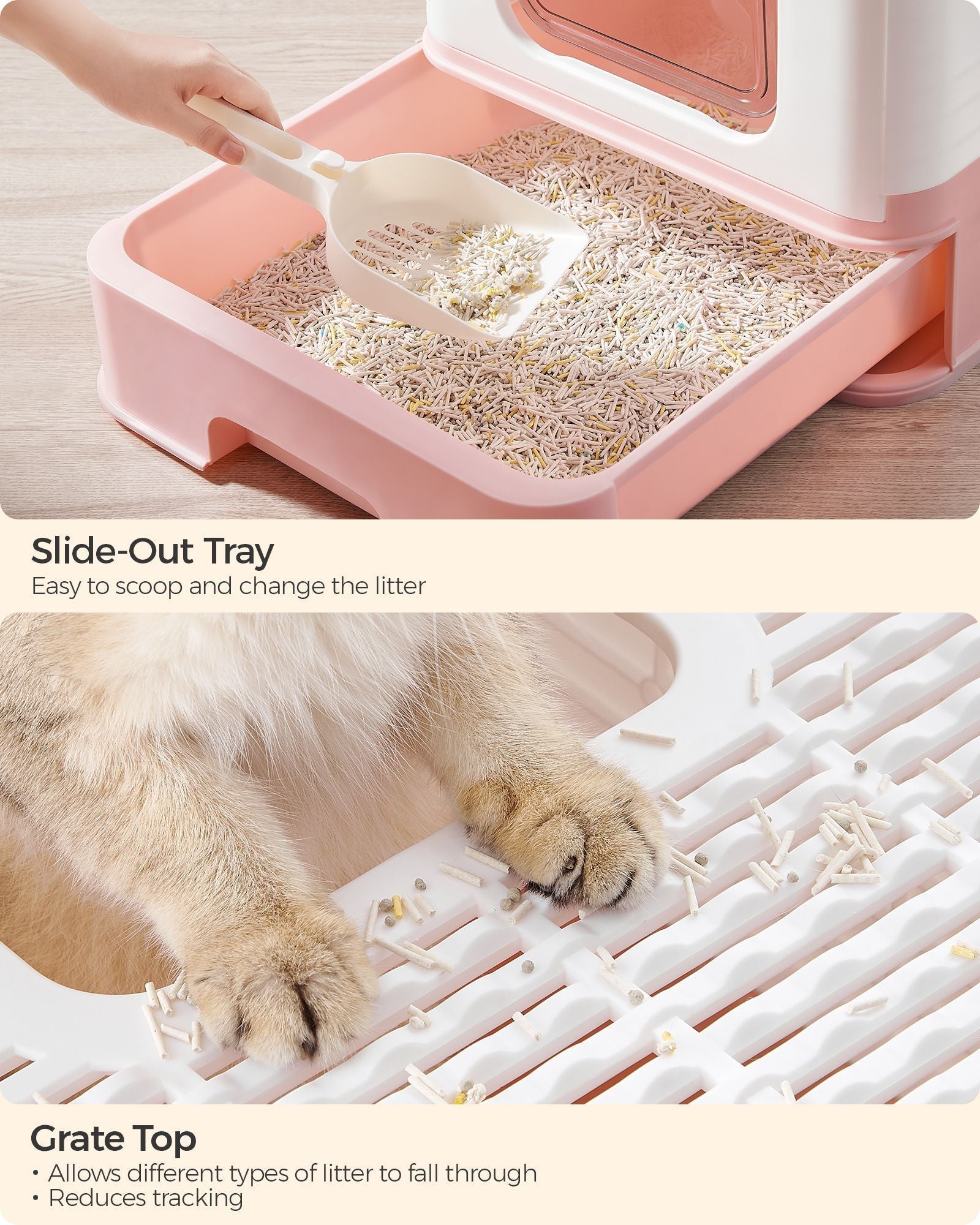 Hidden Cat Litter Box - Wood - Jelly Pink and White - Spacious with Slide-Out Tray and Hood
