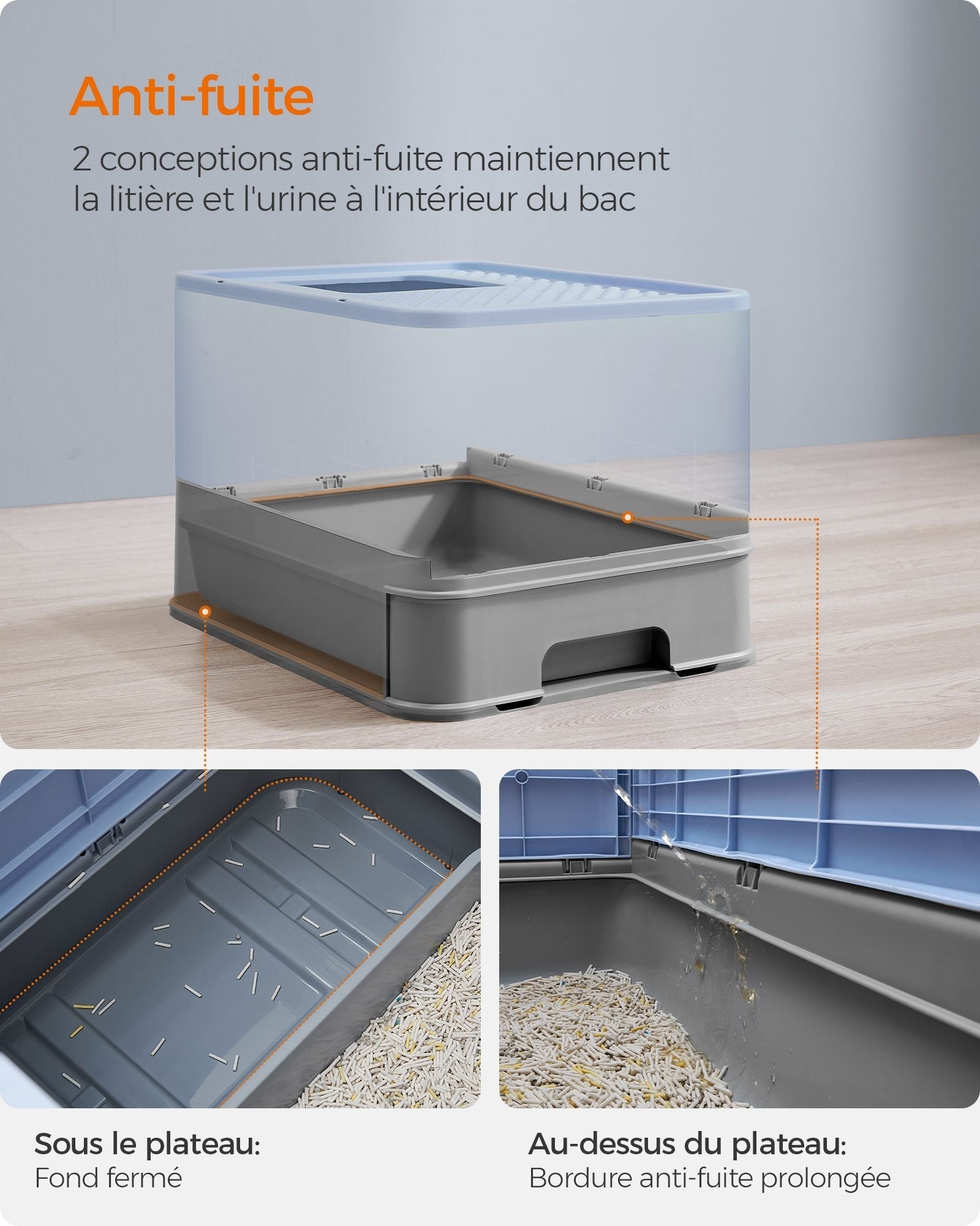 Hidden Cat Litter Box - MDF - Pale Blue and Grey - Spacious with Slide-Out Tray and Hood