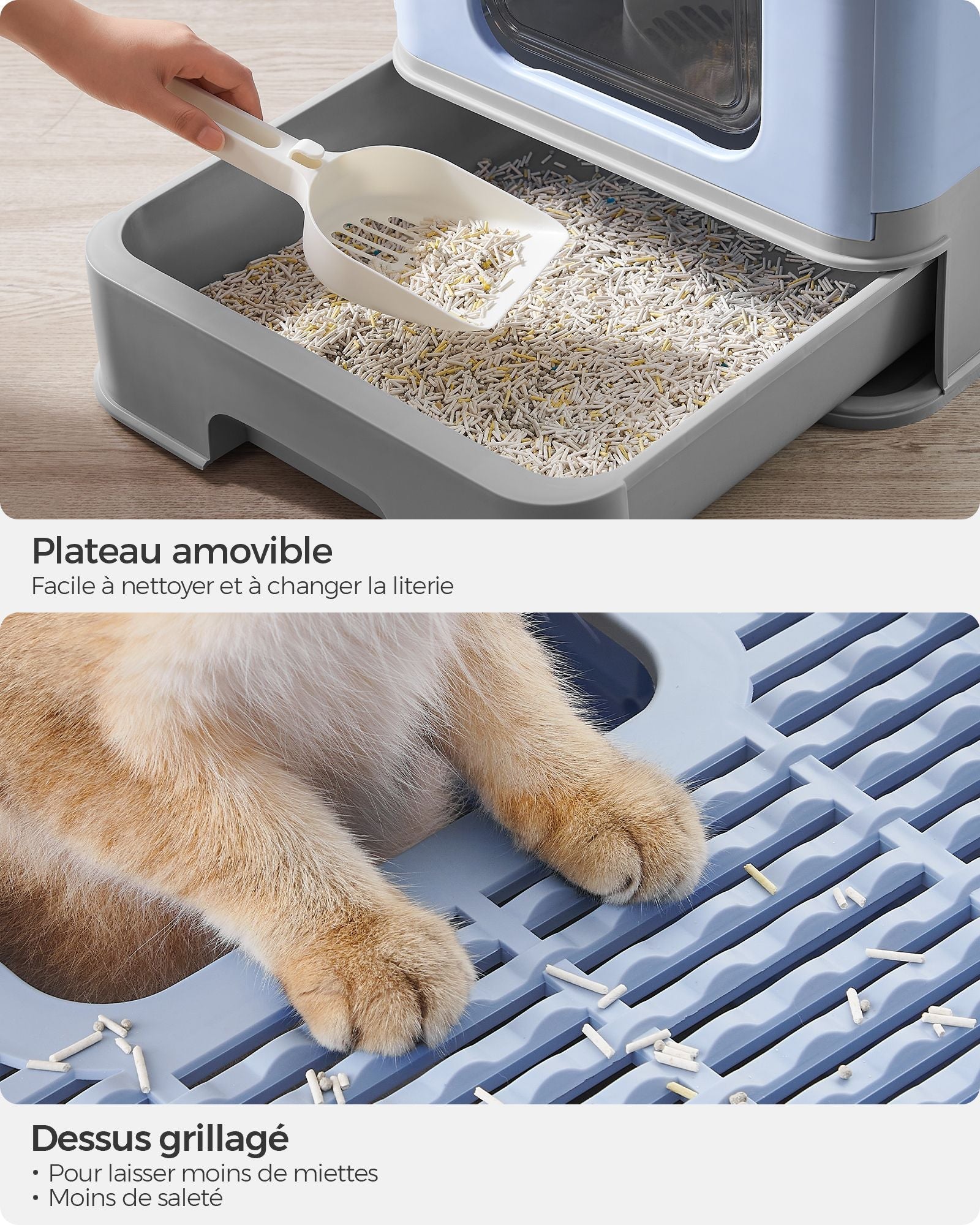 Hidden Cat Litter Box - MDF - Pale Blue and Grey - Spacious with Slide-Out Tray and Hood