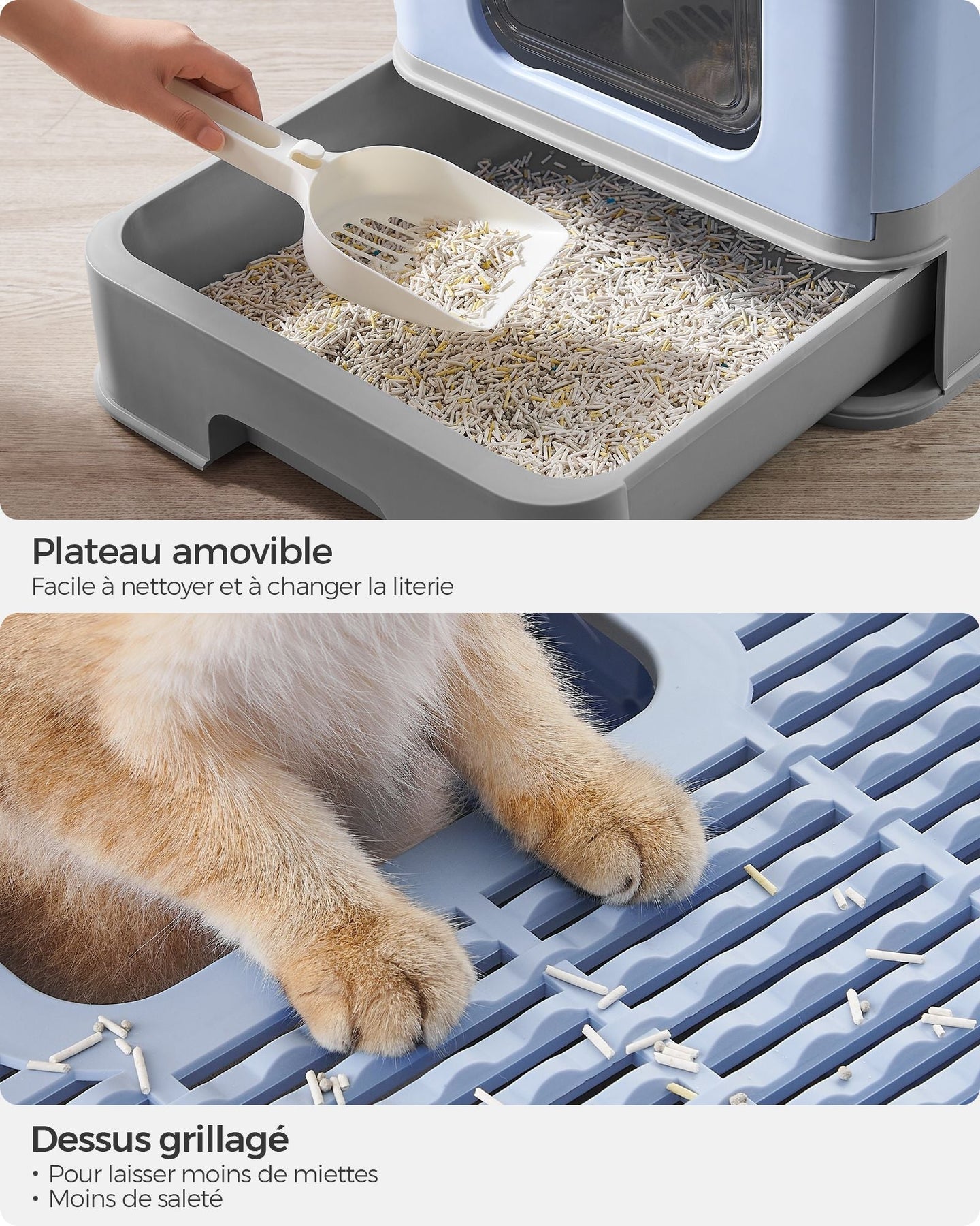 Hidden Cat Litter Box - MDF - Pale Blue and Grey - Spacious with Slide-Out Tray and Hood