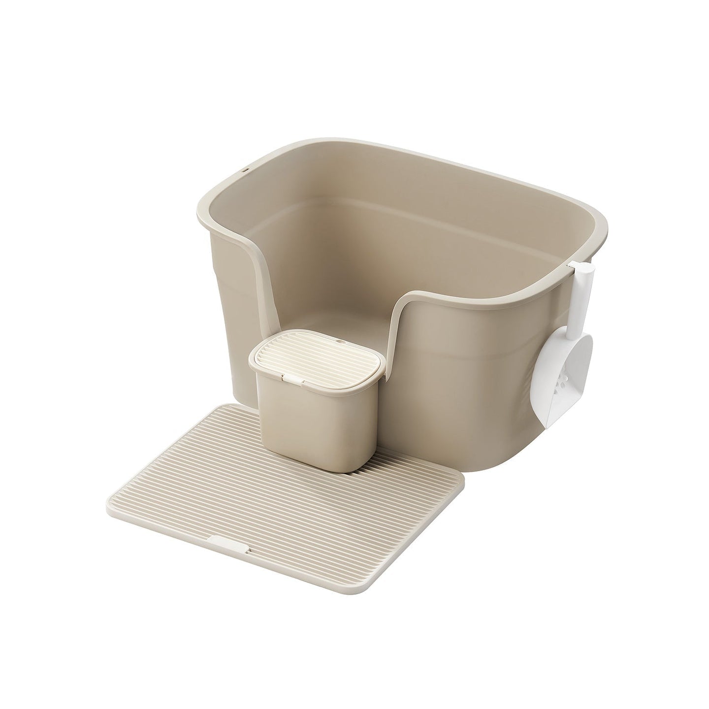 Extra Large Cat Litter Box - Plastic - Cappuccino Beige - Includes Litter Catcher Board and Storage Box