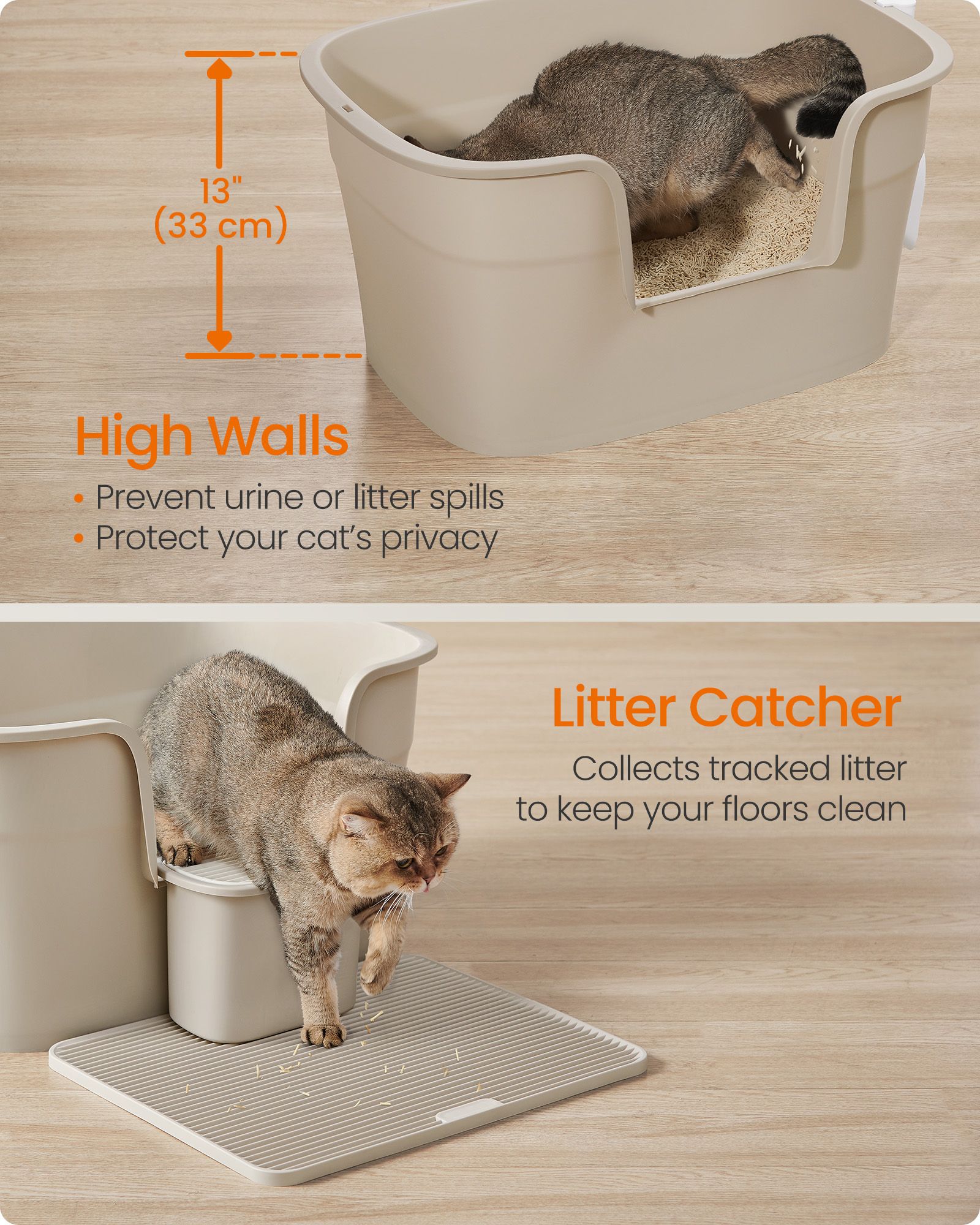 Extra Large Cat Litter Box - Plastic - Cappuccino Beige - Includes Litter Catcher Board and Storage Box
