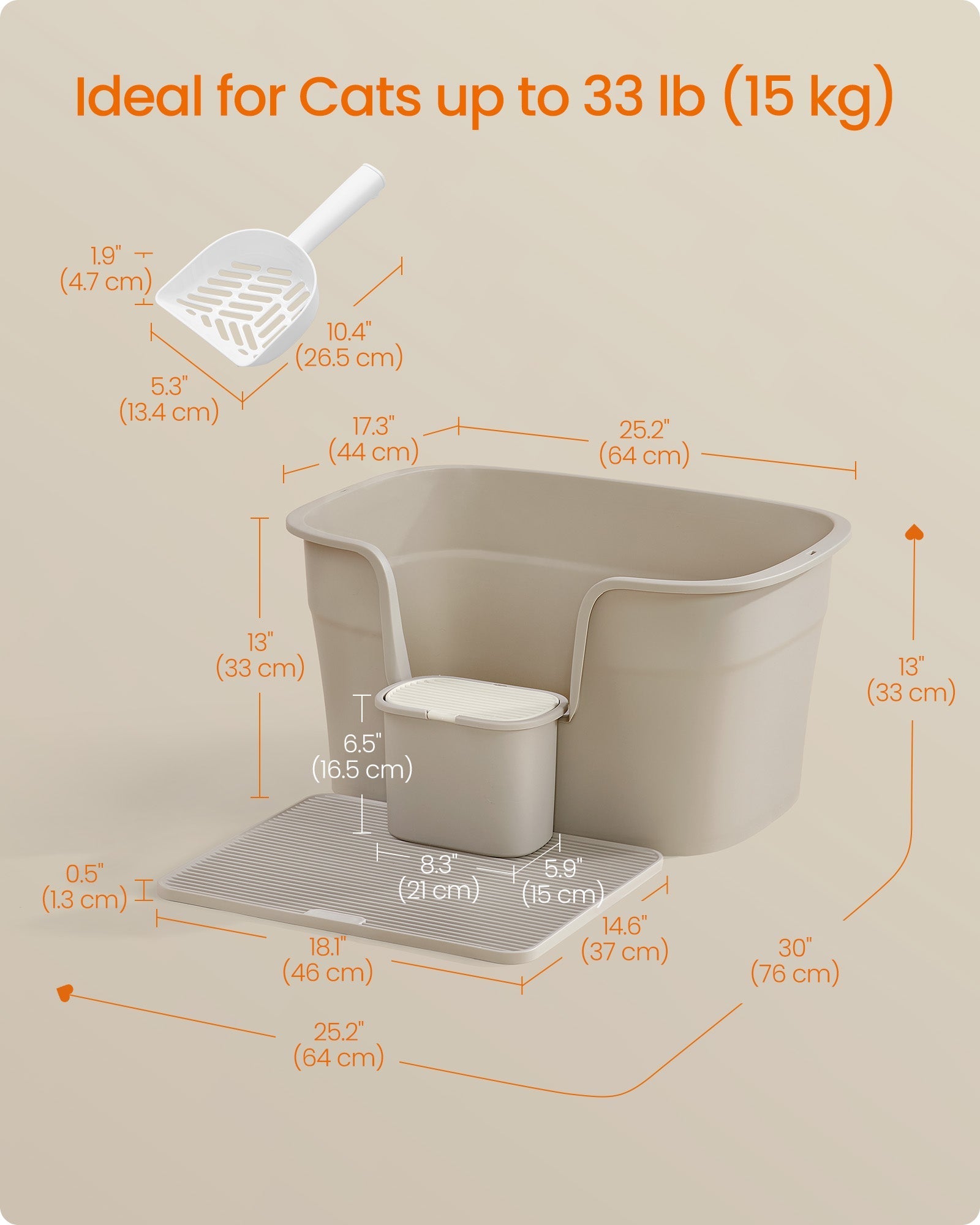 Extra Large Cat Litter Box - Plastic - Cappuccino Beige - Includes Litter Catcher Board and Storage Box