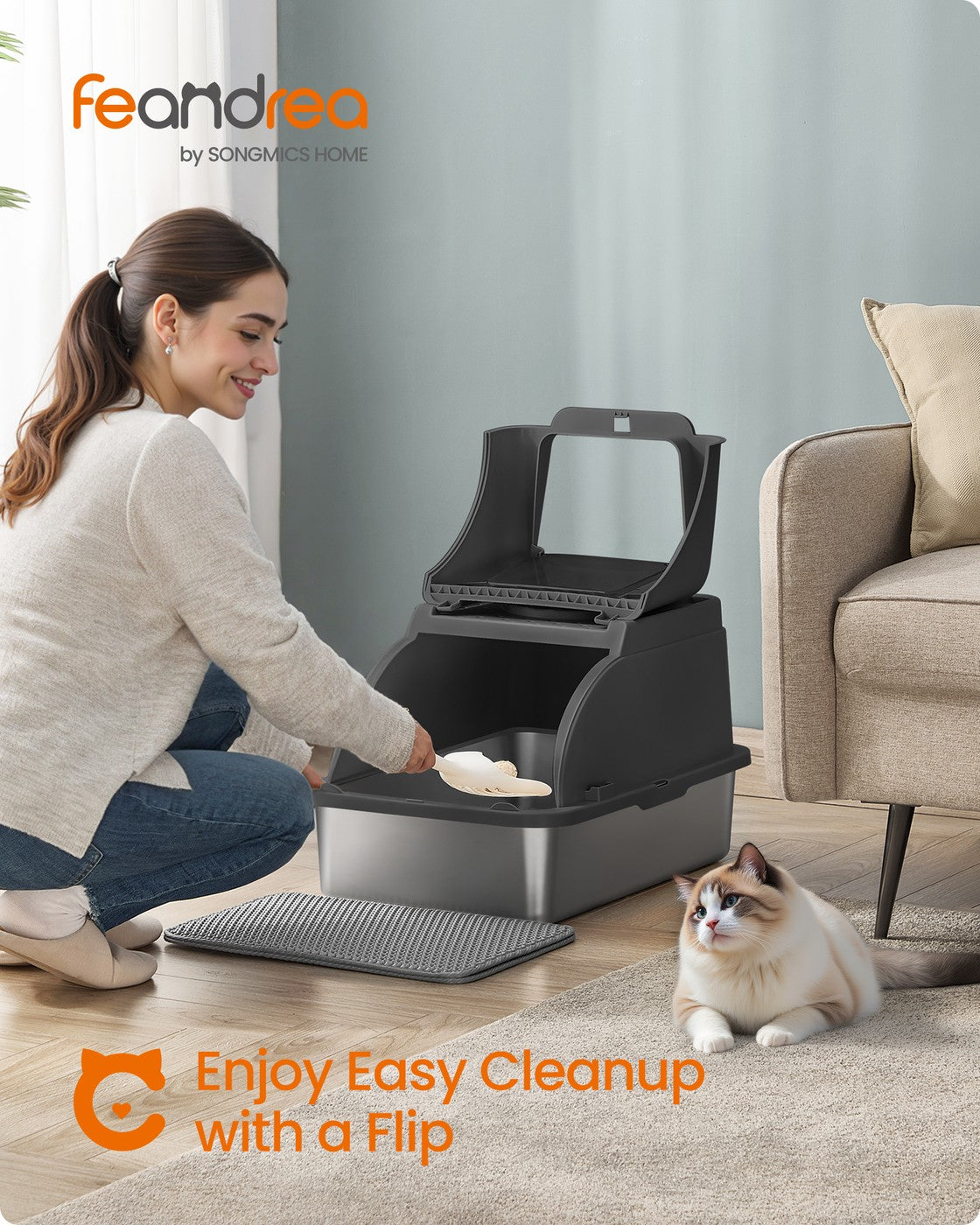 Enclosed Cat Litter Box - Stainless Steel - Dove Grey - XL Leak-Proof Design with Flip Lid and Scoop