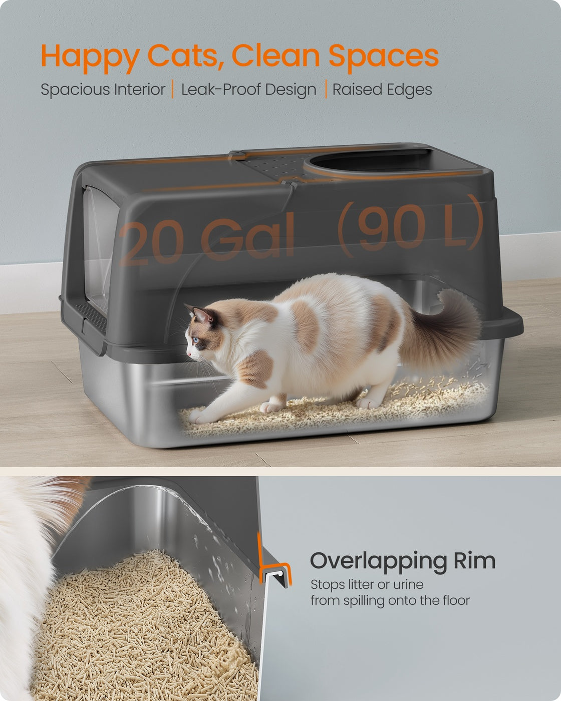 Enclosed Cat Litter Box - Stainless Steel - Dove Grey - XL Leak-Proof Design with Flip Lid and Scoop