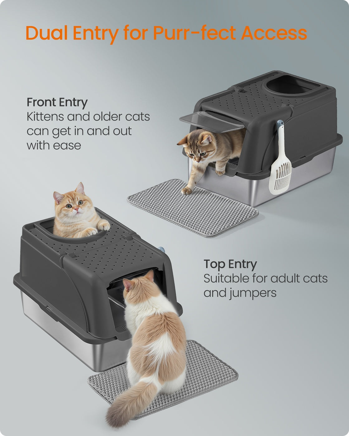 Enclosed Cat Litter Box - Stainless Steel - Dove Grey - XL Leak-Proof Design with Flip Lid and Scoop