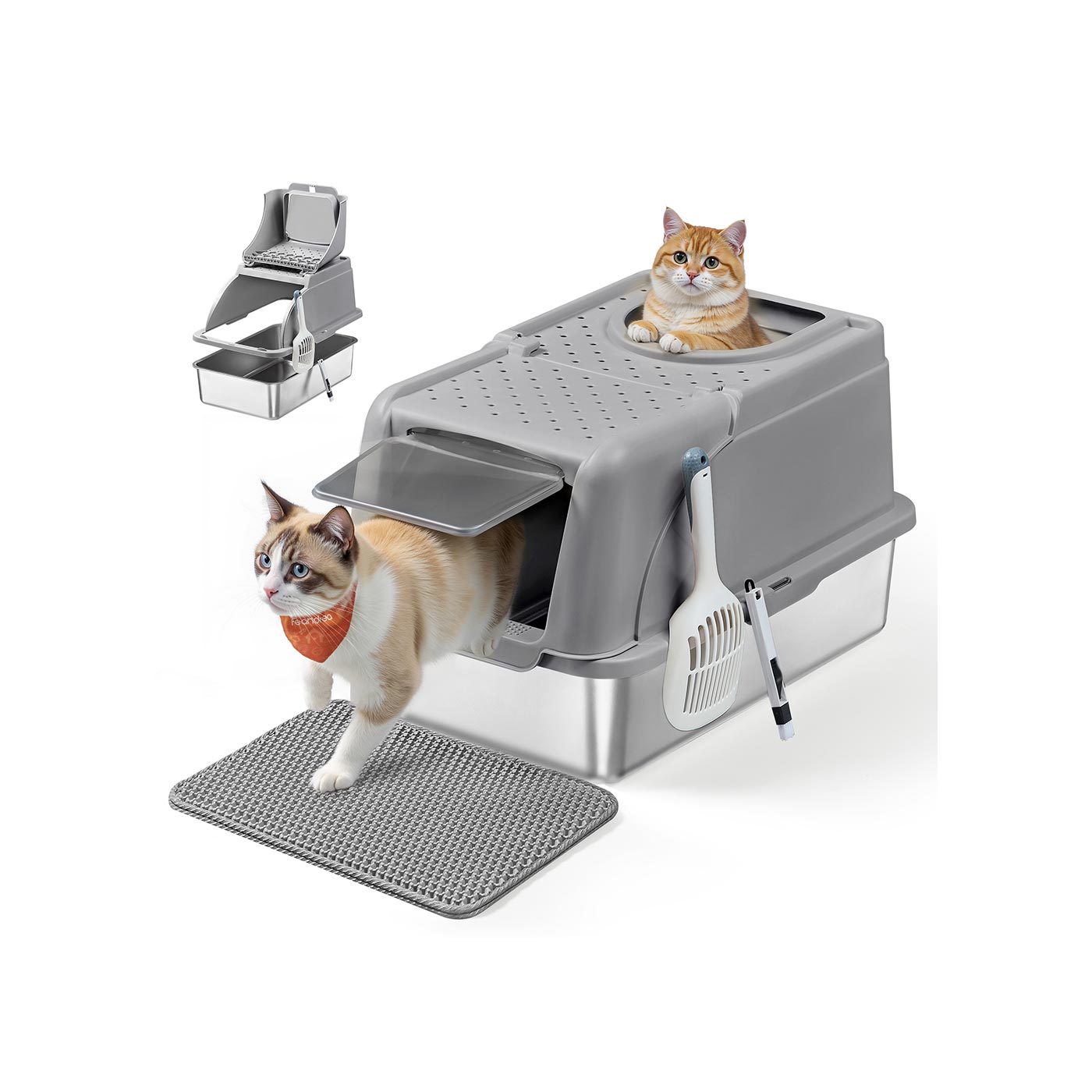 Enclosed Cat Litter Box - Stainless Steel - Dove Grey - XL with Flip Lid and Leak-Proof Design