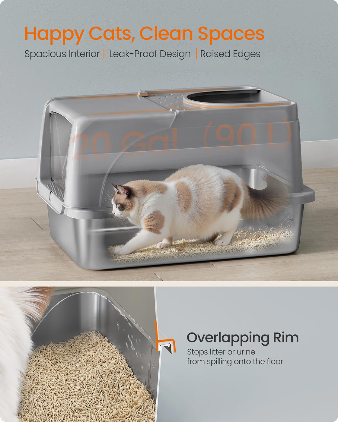 Enclosed Cat Litter Box - Stainless Steel - Dove Grey - XL with Flip Lid and Leak-Proof Design