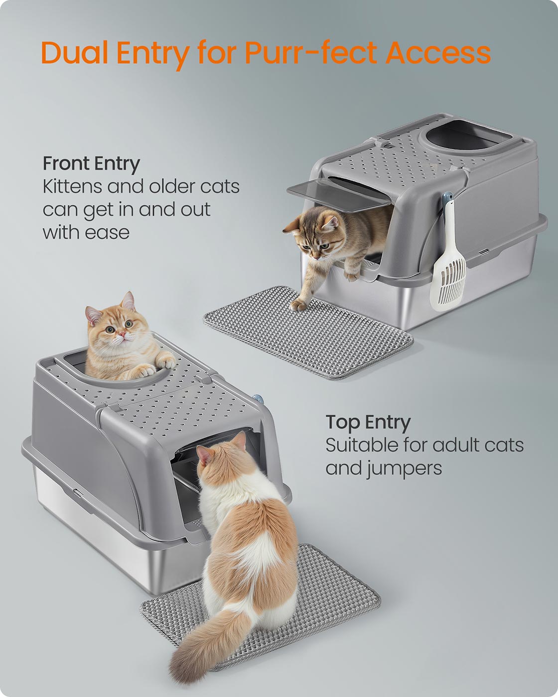 Enclosed Cat Litter Box - Stainless Steel - Dove Grey - XL with Flip Lid and Leak-Proof Design