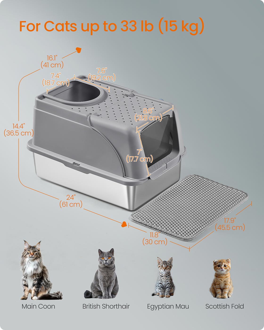 Enclosed Cat Litter Box - Stainless Steel - Dove Grey - XL with Flip Lid and Leak-Proof Design