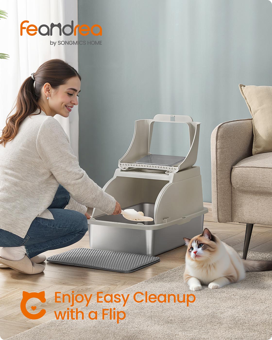 Enclosed Cat Litter Box - Stainless Steel - Dove Grey - XL with Flip Lid and Leak-Proof Design
