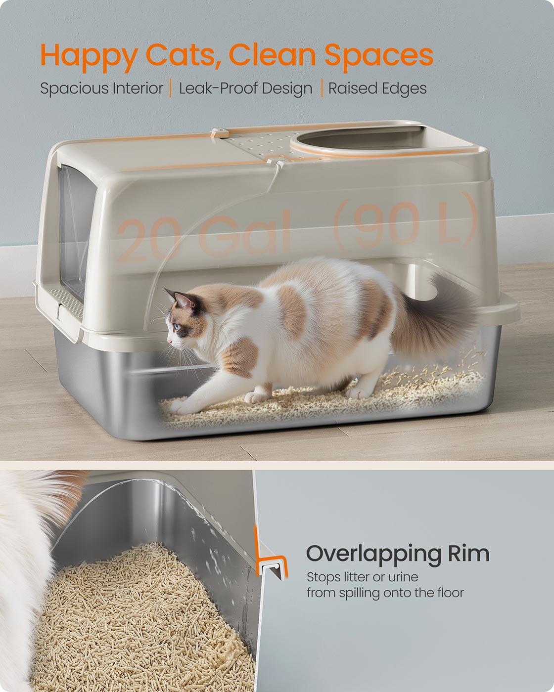 XL Stainless Steel Cat Litter Box - Beige Cappuccino - Leak-Proof Design with Dual Entry