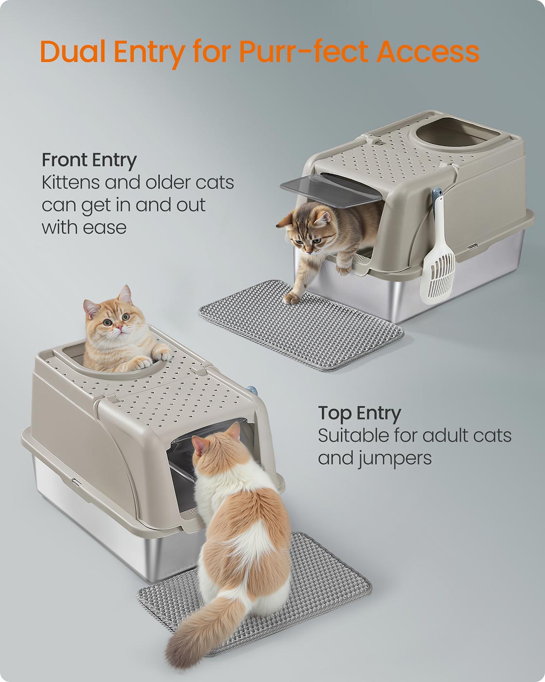 XL Stainless Steel Cat Litter Box - Beige Cappuccino - Leak-Proof Design with Dual Entry