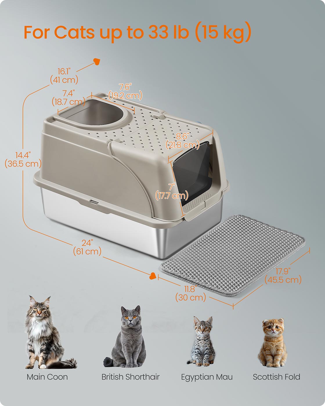 Enclosed Cat Litter Box - Stainless Steel - Dove Grey - XL with Flip Lid and Leak-Proof Design