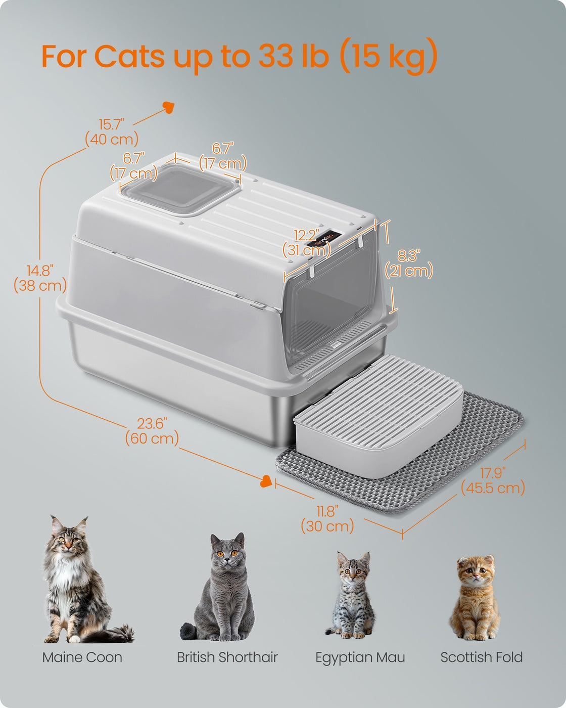 Stainless Steel Cat Litter Box - 60L - Stainless Steel - Flip Lid