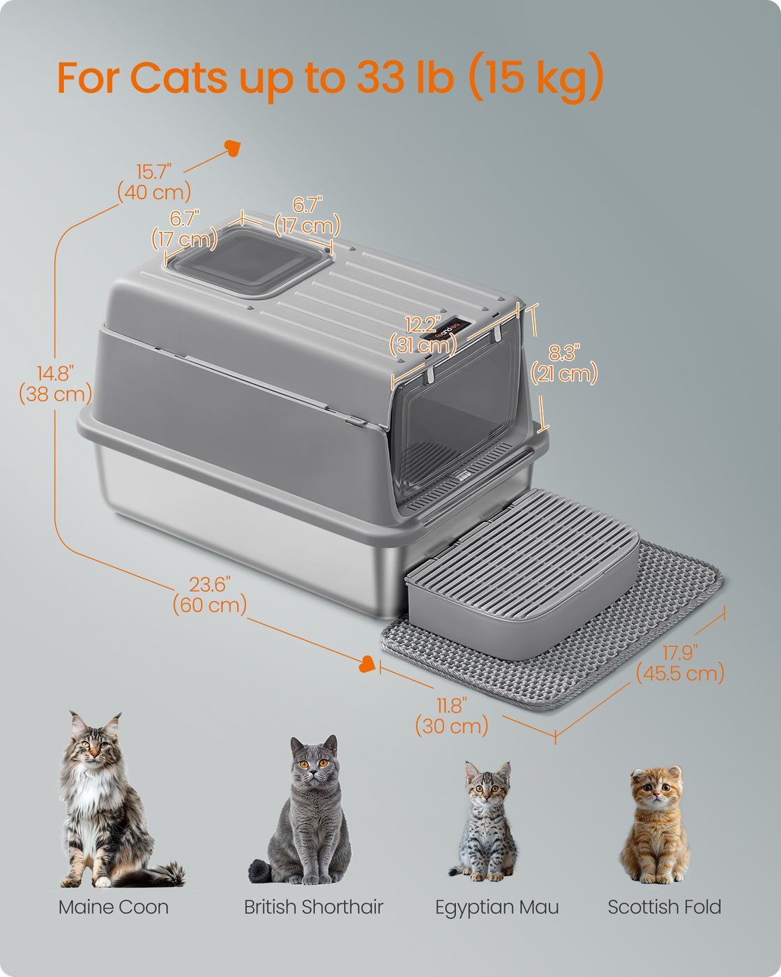 Stainless Steel Cat Litter Box - 60L - Stainless Steel - Flip Lid