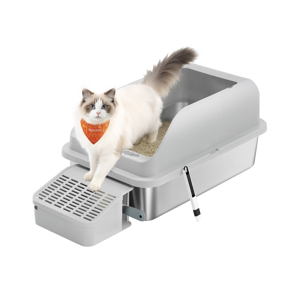 High Sided Cat Litter Box - Stainless Steel - Dove Grey - Includes Step