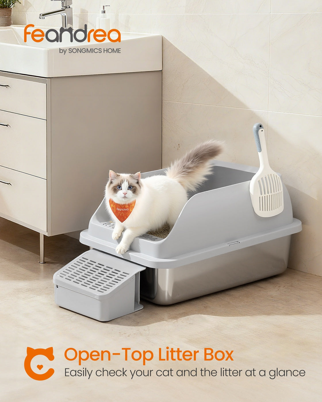 High Sided Cat Litter Box - Stainless Steel - Dove Grey - Includes Step