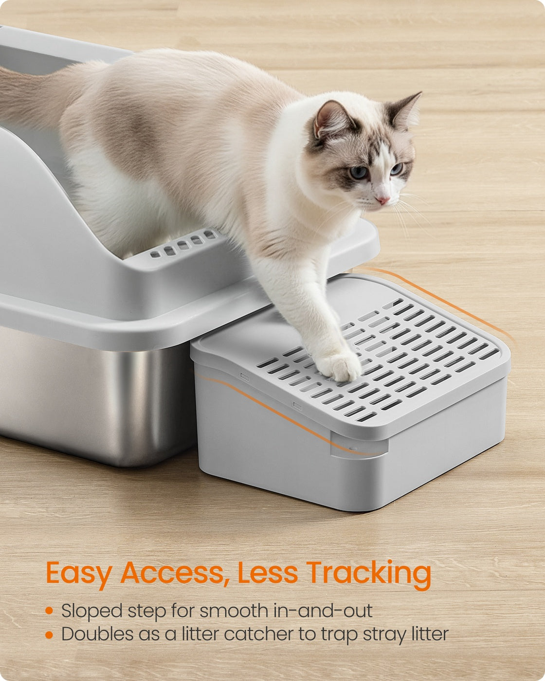High Sided Cat Litter Box - Stainless Steel - Dove Grey - Includes Step
