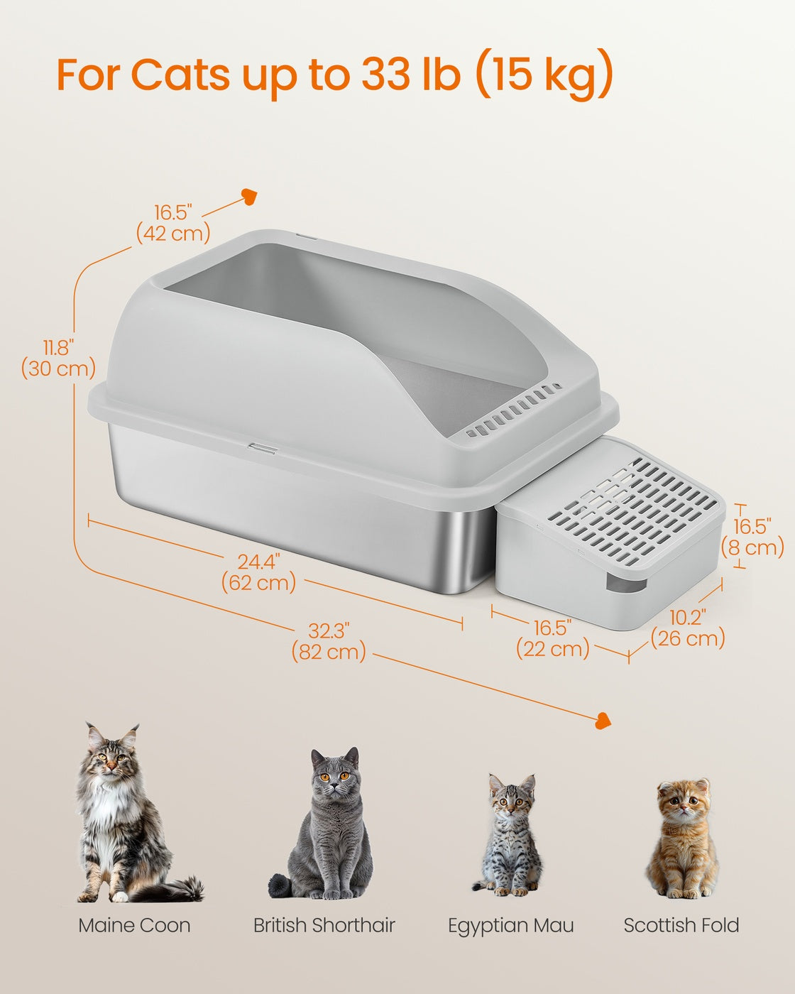High Sided Cat Litter Box - Stainless Steel - Dove Grey - Includes Step