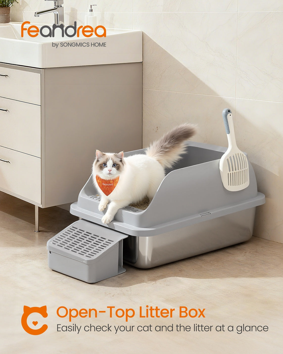 High Sided Cat Litter Box - Stainless Steel - Dove Grey - Includes Step