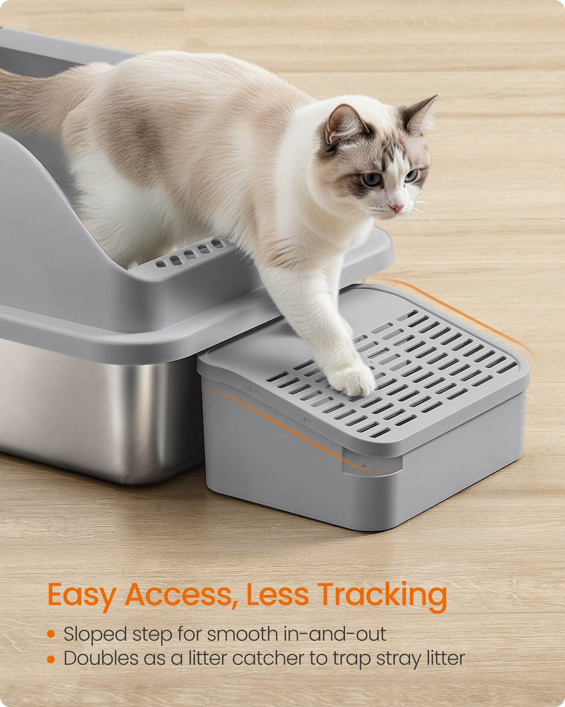 High Sided Cat Litter Box - Stainless Steel - Dove Grey - Includes Step