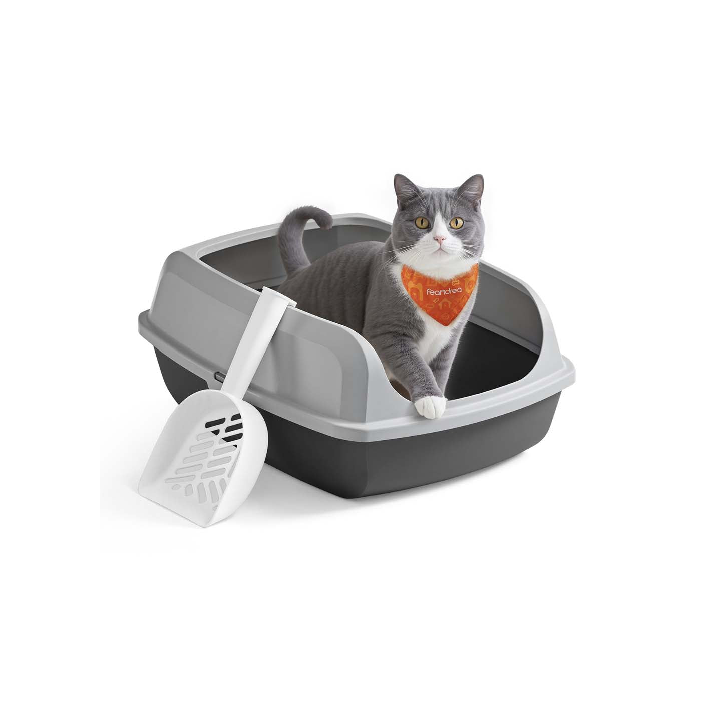 Open Top Litter Box - Plastic - Slate Grey - High Sided with Scoop for Large Cats and Kittens